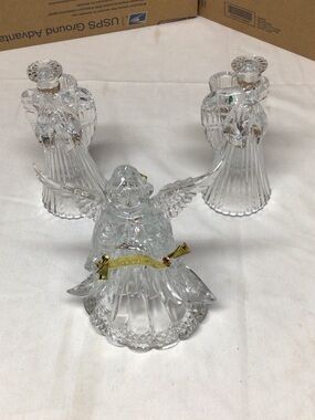 Source Unknown Clear Glass Angel Figurines with Gold Banner Accent